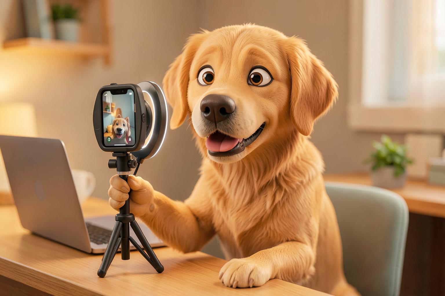 Petfluencer-Workbook: Hund mit Smartphone und Ringlicht am Schreibtisch